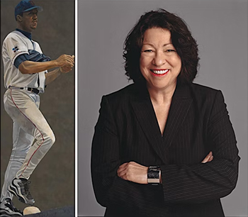 Baseball player adn portrait of a dark-haired woman in black