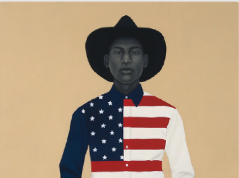A painted portrait of an African-American man in jeans, an American flag shirt, and cowboy hat.