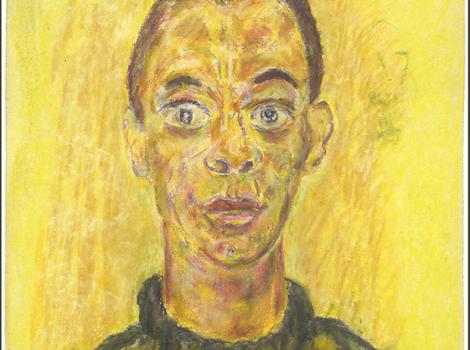 Bust length portrait of a man painted in bright yellow hues
