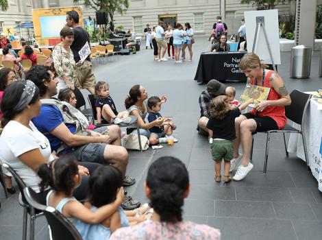 crowd of families in the museum courtyard