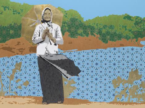 Painting of a woman standing against a colorful landscape