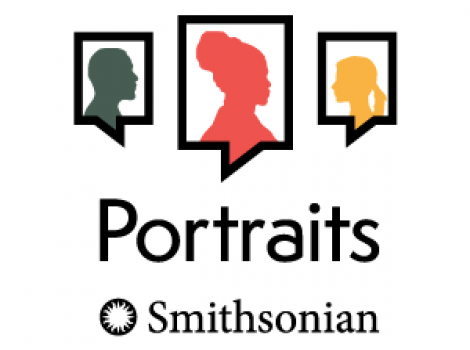 A square logo with colored silhouettes inside speech bubbles and the words "Portraits" and "Smithsonian"