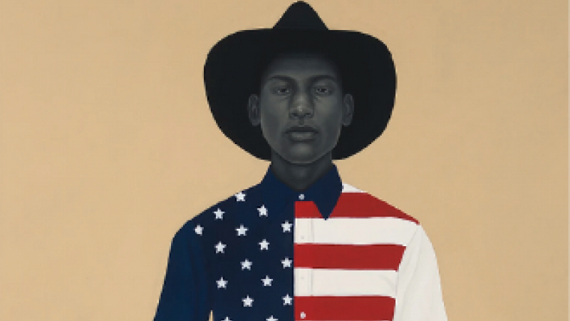 A painted portrait of an African-American man in jeans, an American flag shirt, and cowboy hat.